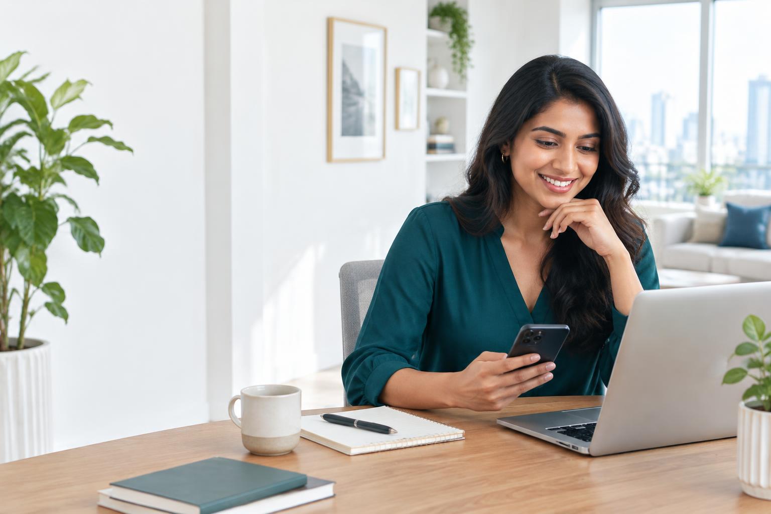 A woman reviewing her finances at home
